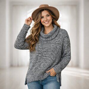 2 for $20 Cowl Turtleneck Knit Sweater Black Soot High Low Hem Side Slit Large